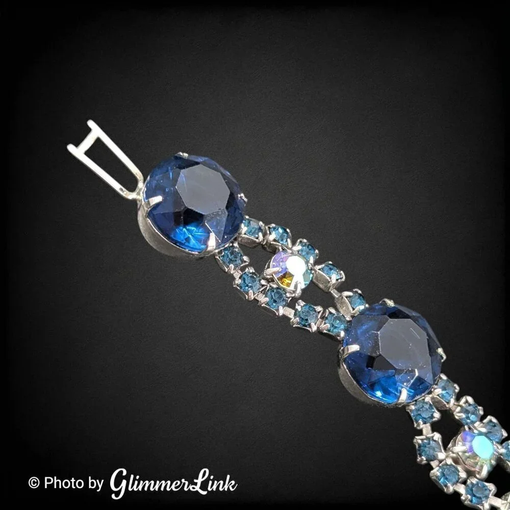 Vintage Blue Glass AB Rhinestone Prong Set Scalloped Silver Tone Bracelet